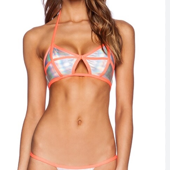 Beach Bunny Blade Runner Bikini Top in Hologram & Coral small swim resort boho - Picture 1 of 6